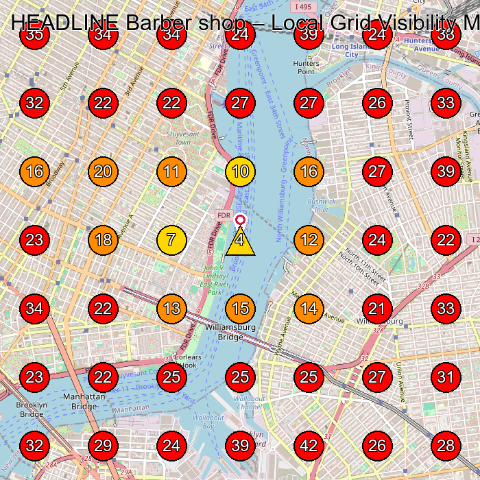 HEADLINE Barber shop GeoGrid visibility map for Barber Shop in New York